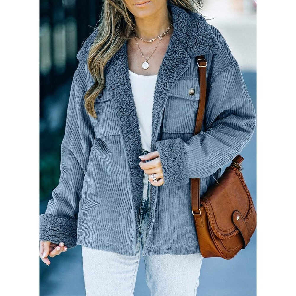Women's A Sky Blue Jacket Vests Coat Fleece Fur Collar Button Down Winter Warm - Picture 4 of 5
